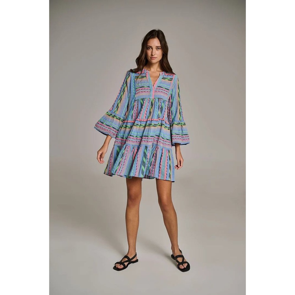 Devotion Twins Ella Blue Neon Stripe Tiered Bell Sleeve Mini Dress XS 023.310G